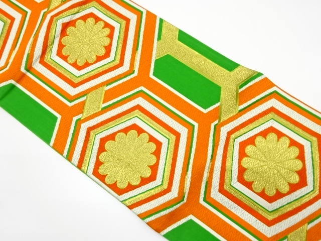 アンティーク　重ね亀甲に花模様織り出し袋帯（着用可）